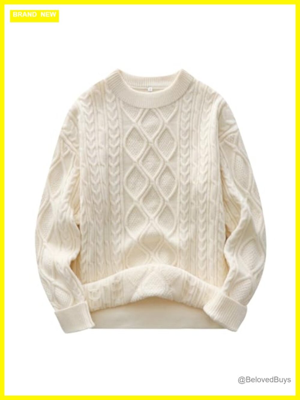 Oversized Cable Knit Fuzzy Cotton Blend Crew Neck Pullover Sweater